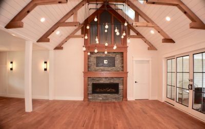 living room with wooden beams
